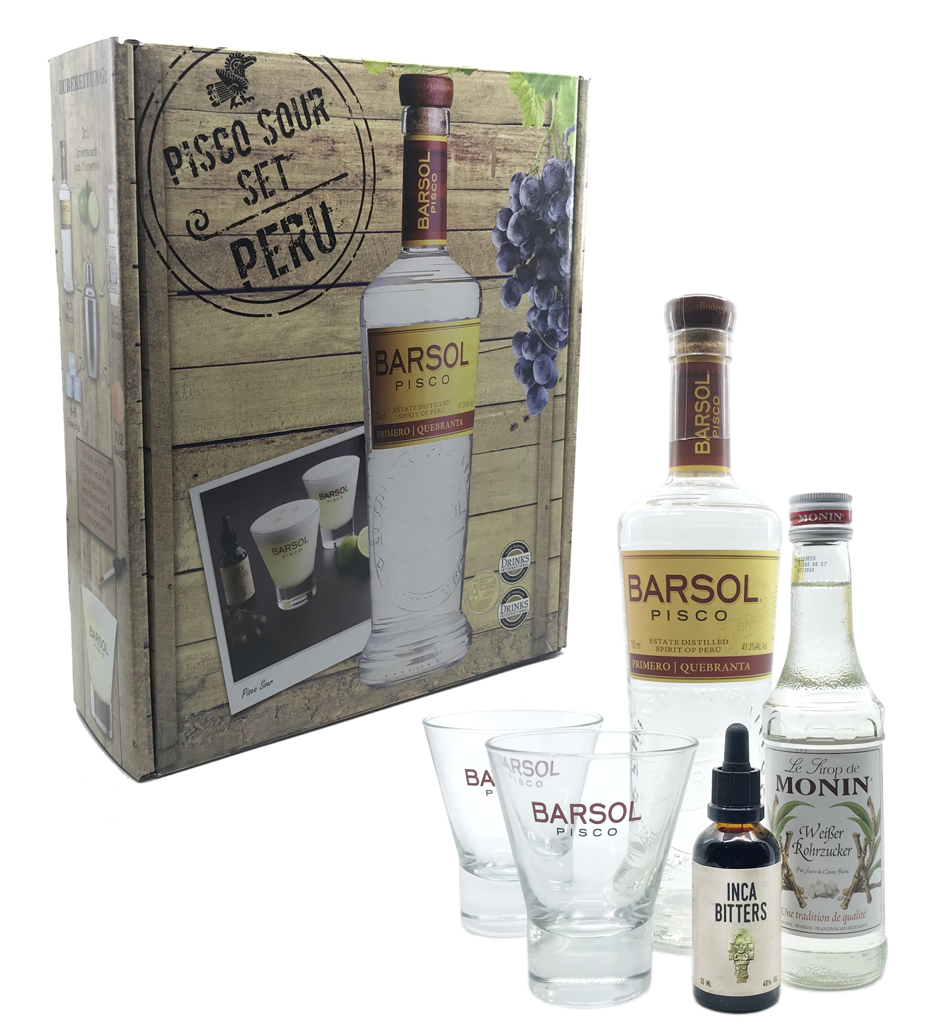 Pisco Sour Set - PERU in Geschenkbox - 1l - 41,3% vol. Alk. Box komplett