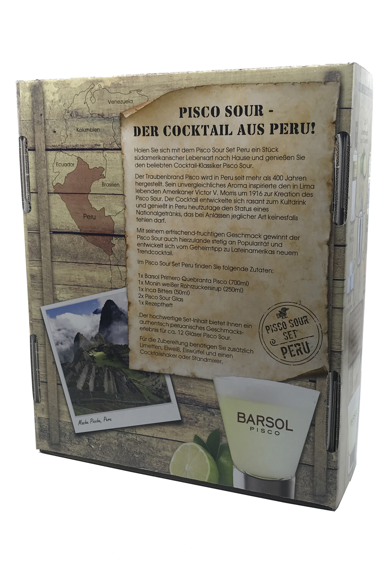 Pisco Sour Set - PERU in Geschenkbox - 1l - 41,3% vol. Alk. Box hinten