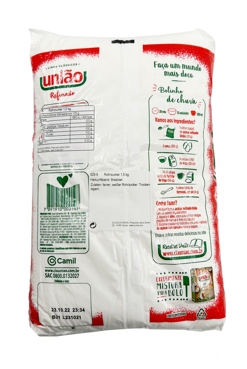 UNIAO - Weißer Rohrzucker Acucar Refinado - 1kg