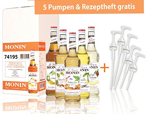 MONIN-SET Café 5+5 - 5x Kaffee Sirup + 5x Pumpen + Rezeptheft *VERSANDKOSTENFREI*