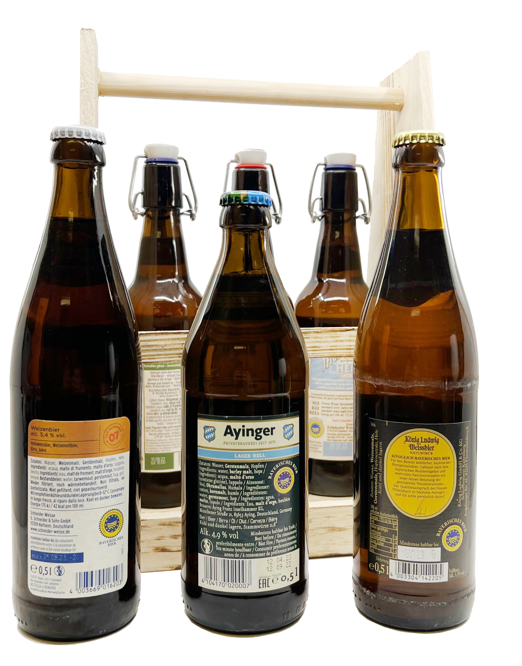 Bayerische Bierspezialitäten im 6er Holzträger 6x0,5l bis zu 5,5%vol.