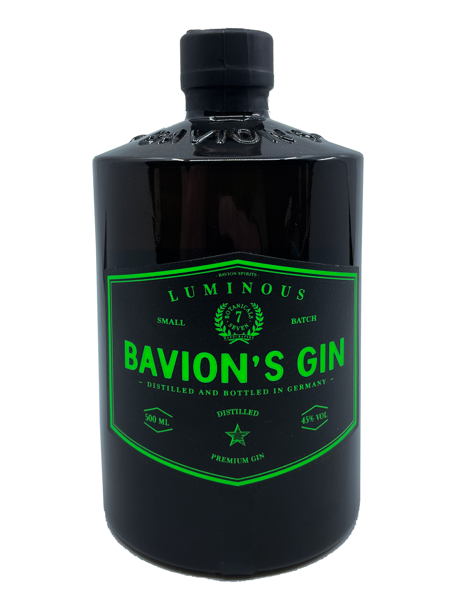 bavions_gin_lumious_01_front Bavion's Gin - Luminous - mit leuchtendem Etikett - 0,5l 45%vol.