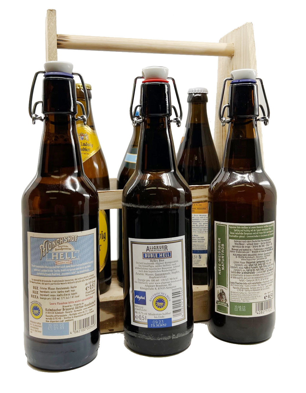 Bayerische Bierspezialitäten im 6er Holzträger 6x0,5l bis zu 5,5%vol.