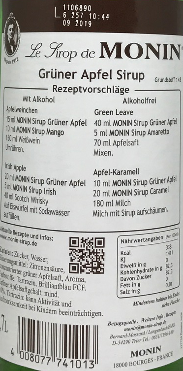 Monin Sirup Grüner Apfel Frucht-Sirup 0,7l Apfelsirup