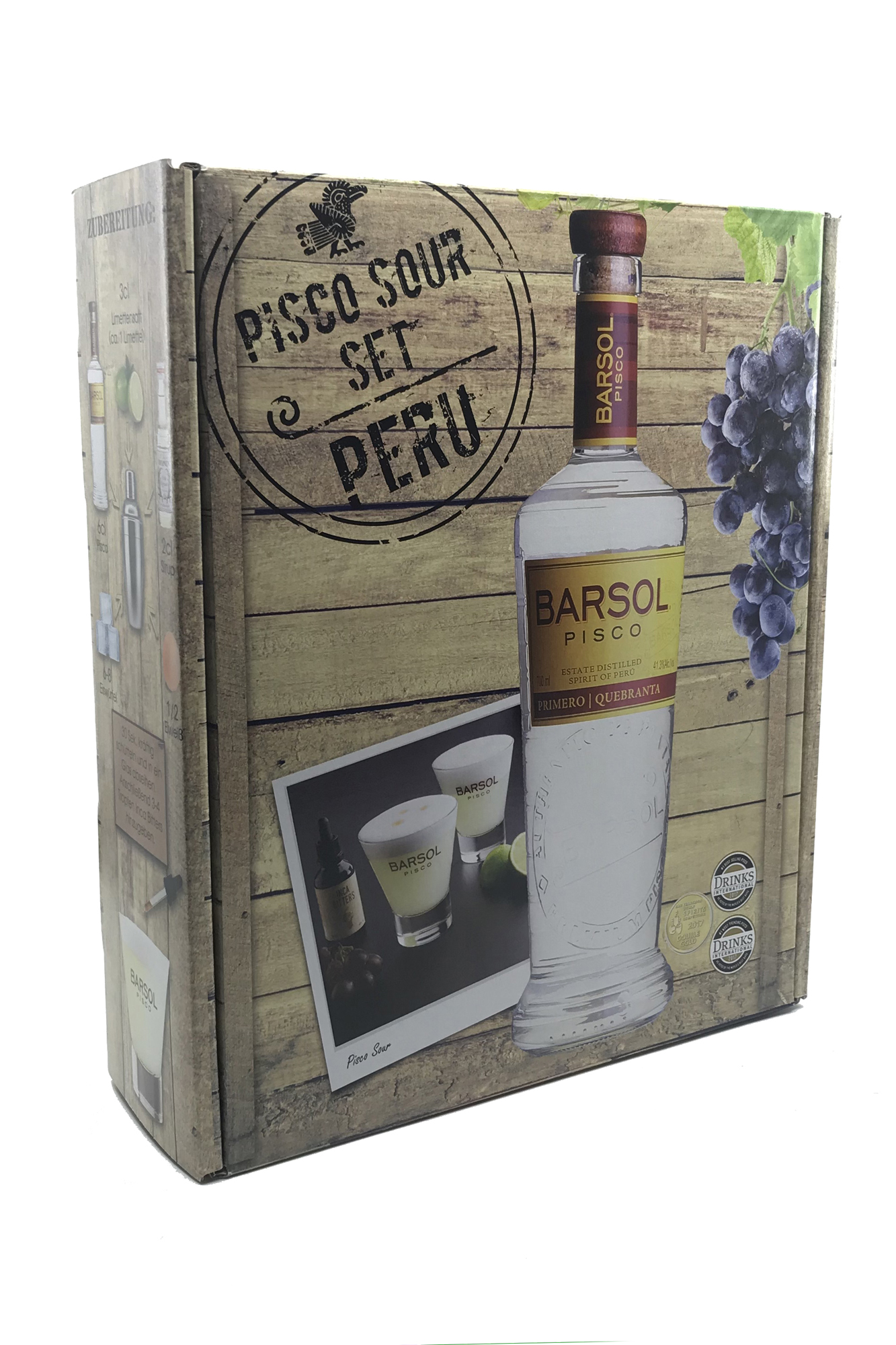 Pisco Sour Set - PERU in Geschenkbox - 1l - 41,3% vol. Alk. Box vorne