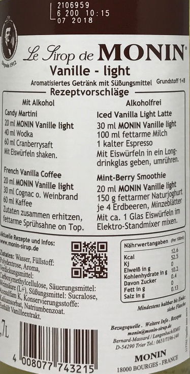 Monin Sirup Vanille Light 0,7l  Vanillesirup Vanille-Light Light Sirup kalorienarm
