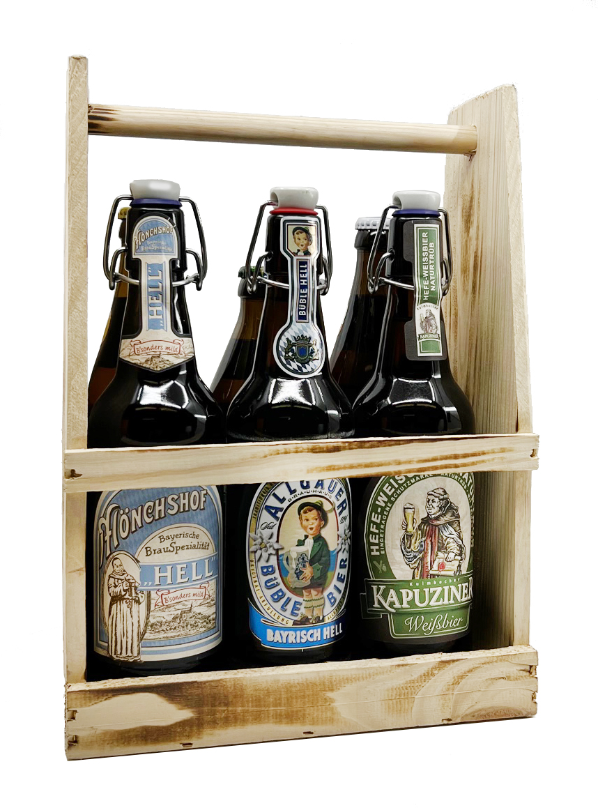 Bayerische Bierspezialitäten im 6er Holzträger 6x0,5l bis zu 5,5%vol.